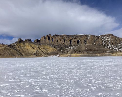Blue Mesa Reservoir in Gunnison, Colorado covered in ice.