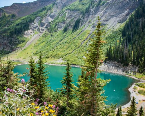 An aerial view of a lake in the mountains surrounded by trees