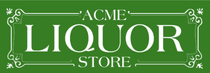 The storefront for Acme Liquor. The words "Acme Liquor" are above two large windows. Two windows sit in-between the words on the front of the store. A round, scalloped awning sits above double glass doors. Flower planters are on the sides of the doors.