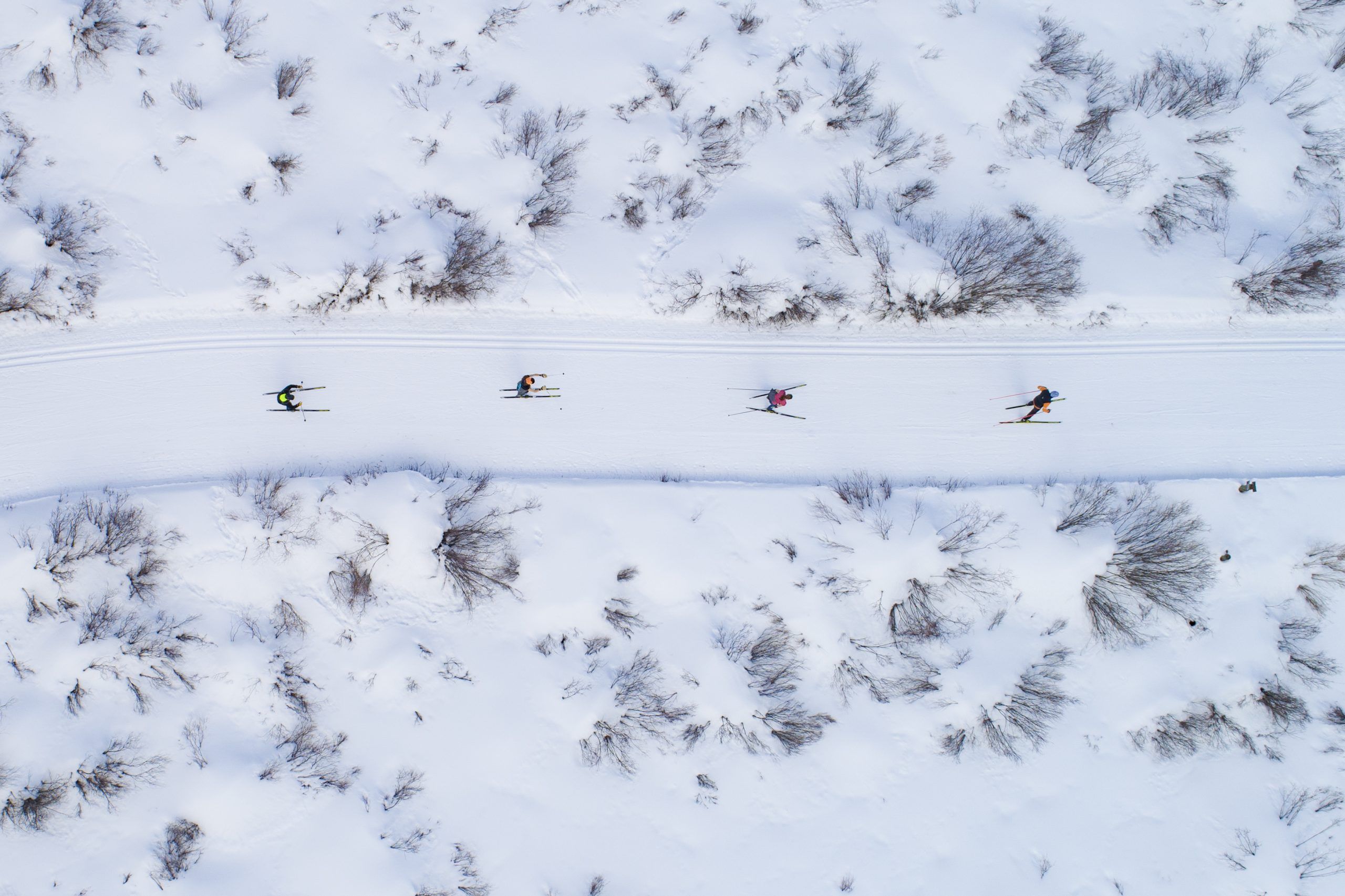 An aerial view of four skiers on a snowy track