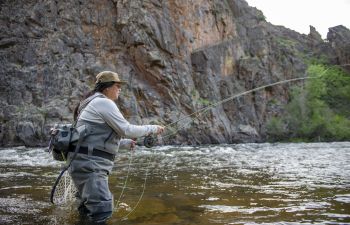 An angler casts into a small lake while fall fishing in Gunnison and Almont.