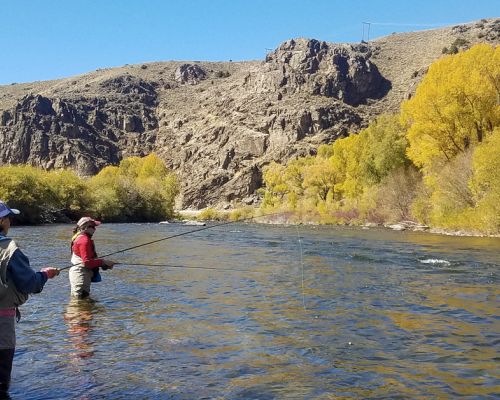 A photo of two women fly fishing in fall on the Gunnison River. Rock bluffs and yellow aspen trees are in the background.
