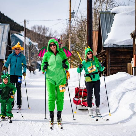 skiers in costumes