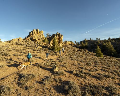 A group hiking with kids and a dog through granite rock formations at Hartman Rocks.