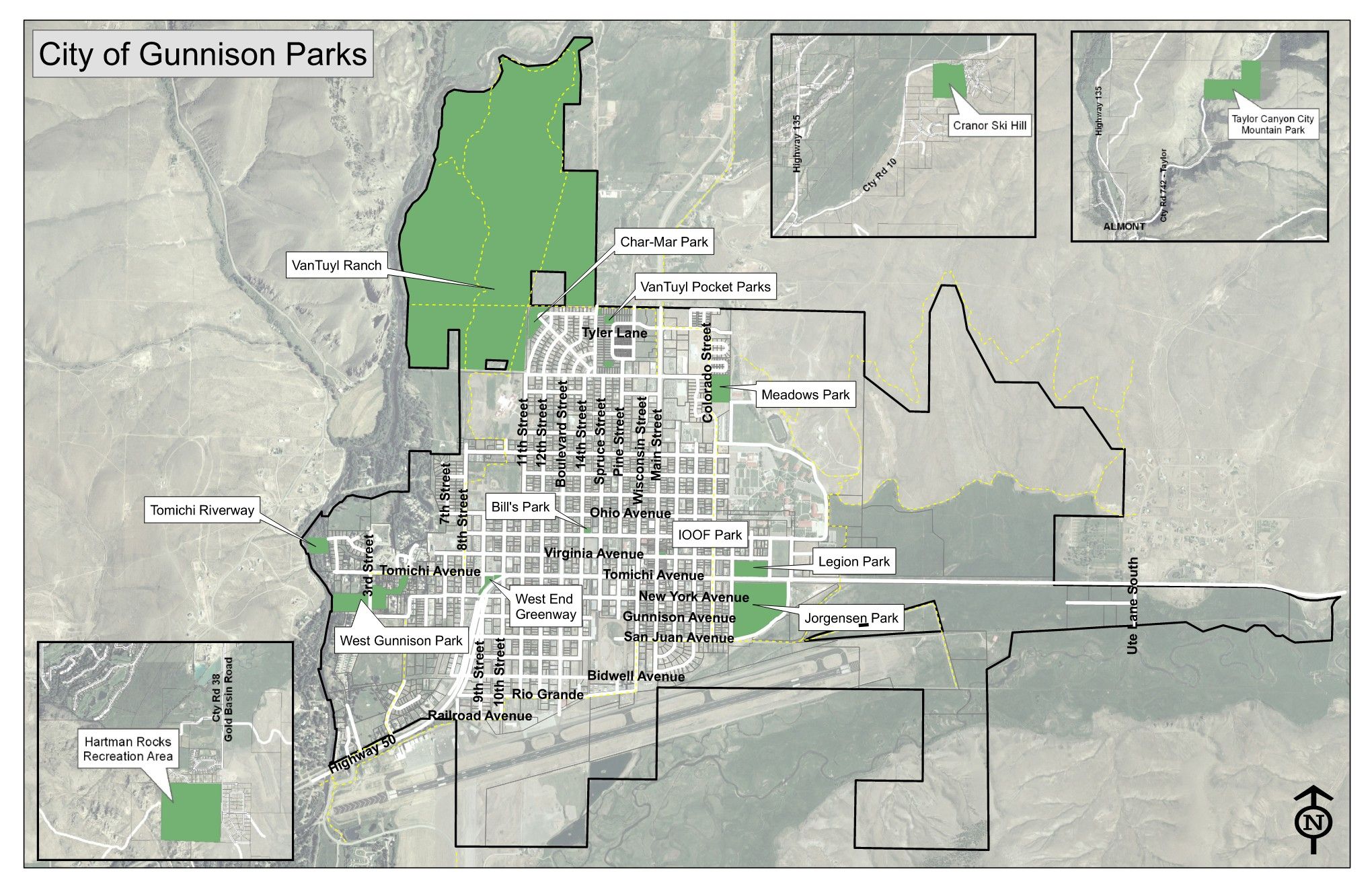 A map of Gunnison, Colorado parks highlighted in green.