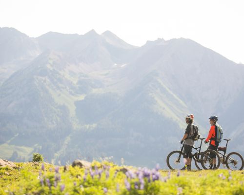 two mtb riders taking in the mountain view