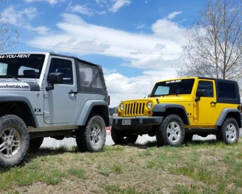 Three jeeps parked in a row on a grassy path. The windshields of the jeeps have stickers on it that say "844-YOU-RENT." These Jeeps are part of the Gunnison Alpenglow Rentals fleet of Jeep rentals.