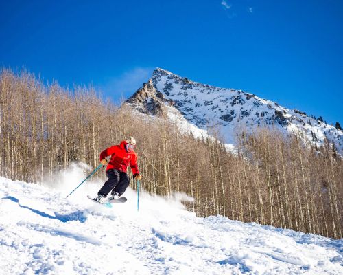 A skier on an ungroomed run. Crested Butte is known for steep skiing