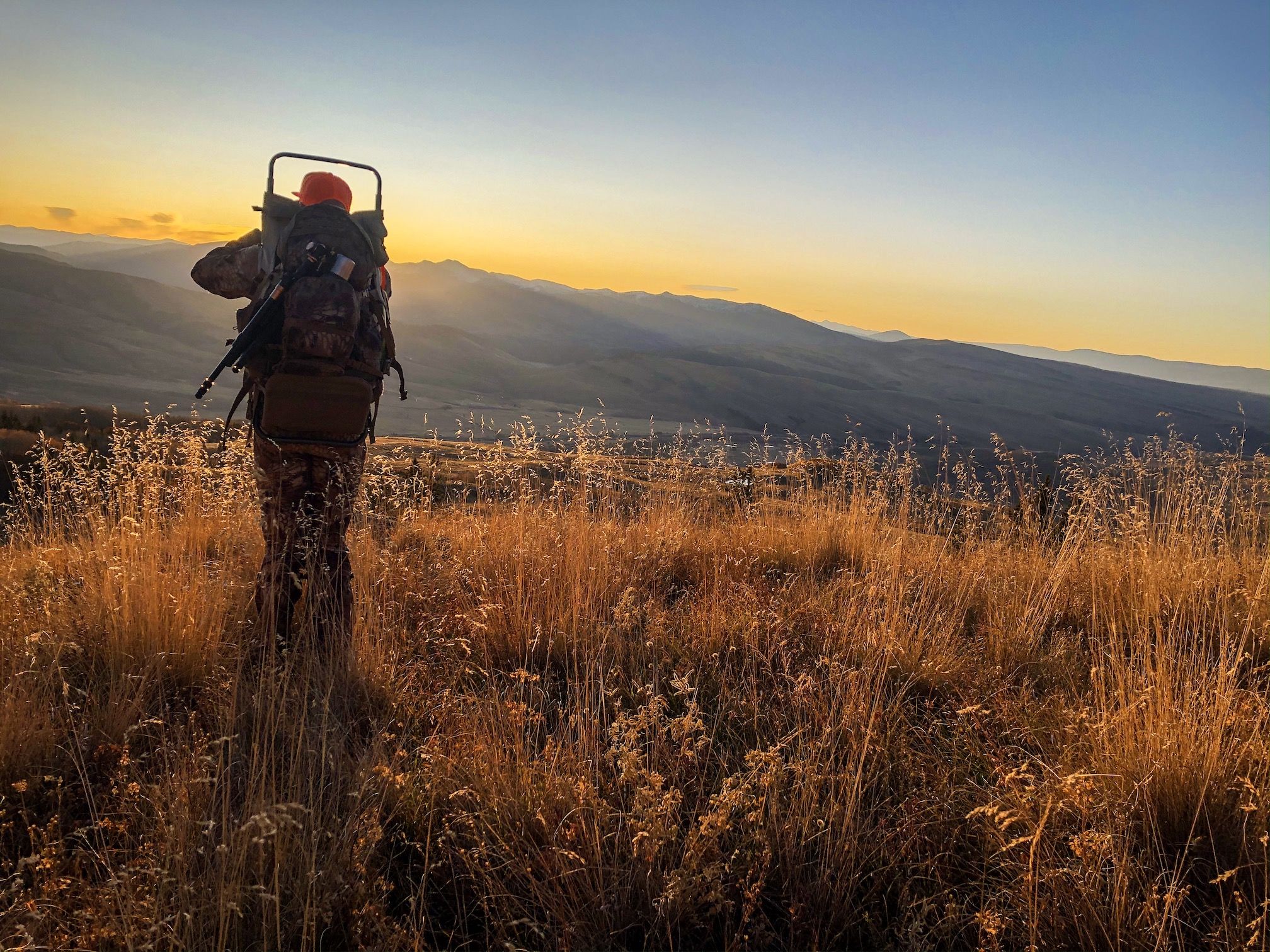 A silhouetted hunter walking on a grassy path in front of mountain peaks