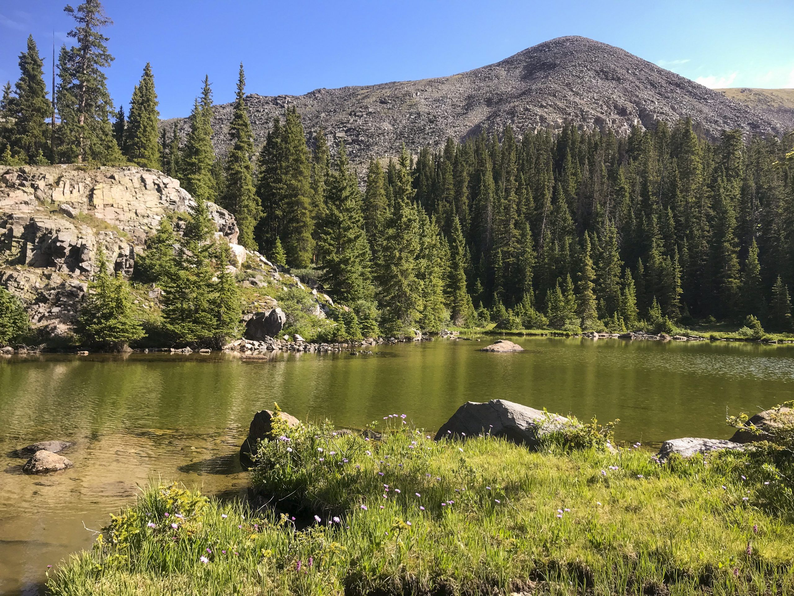 A nature scene of a lake, lake shore, trees and a mountain peak