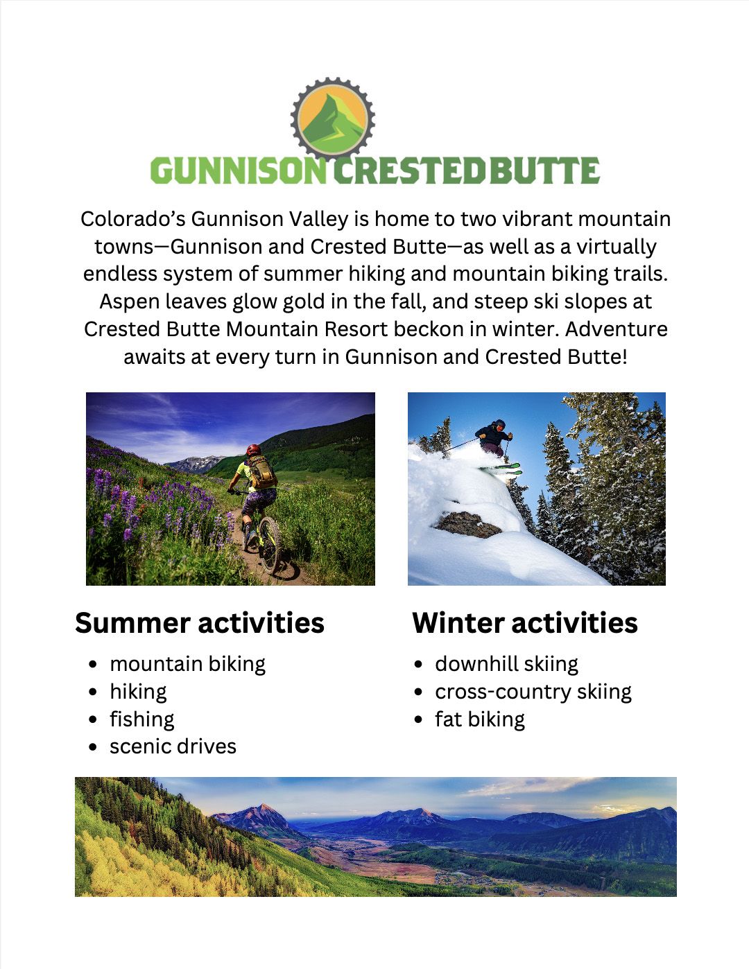 One-pager flyer for the Gunnison Crested Butte area.