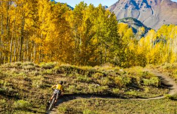 Fall Colorado mountain biking in an aspen grove in Crested Butte. A red peak towers in the background.