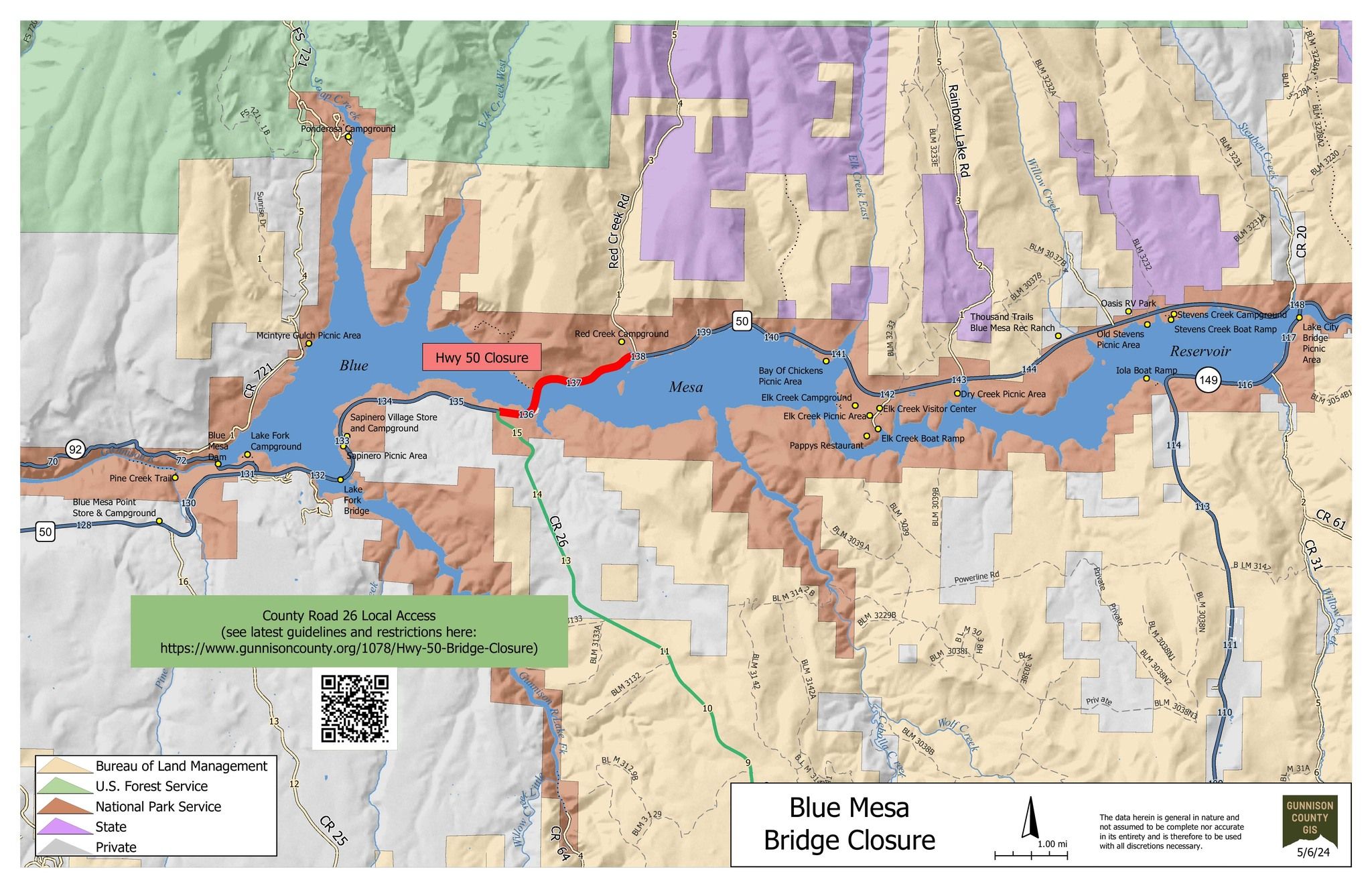Map of Blue Mesa Reservoir and the U.S. 50 bridge closure