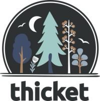 a logo for the brand thicket that features full color trees