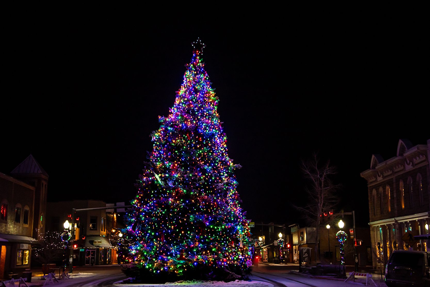 A 25-foot-tall Christmas tree is encrusted with colored lights that glow against the night sky.