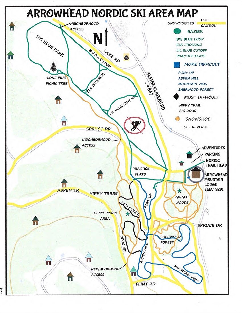 This Arrowhead Nordic skiing trail map shows cross-country ski trails, snowshoe trails and trail ratings.