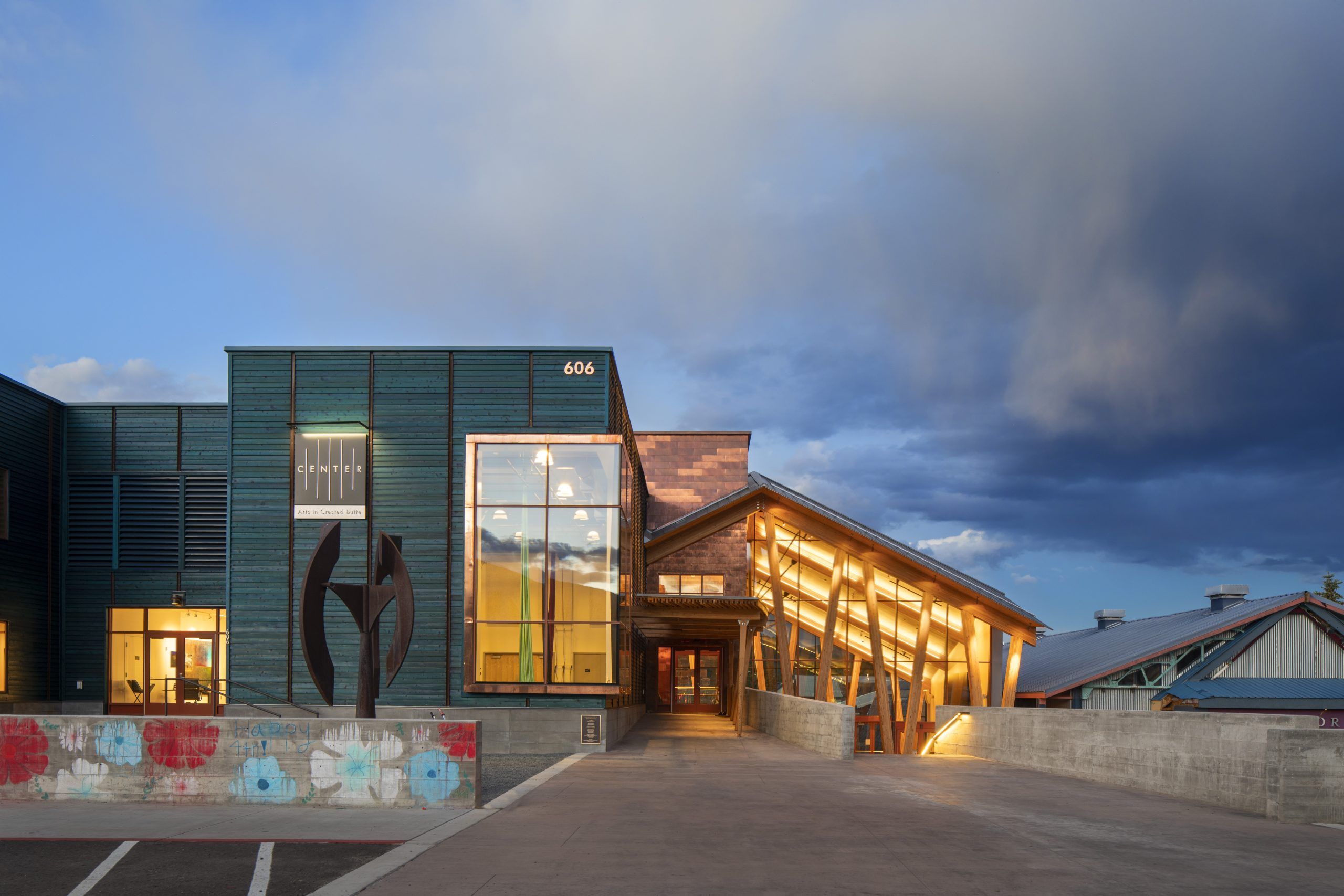 Center for the Arts Crested Butte building at night.