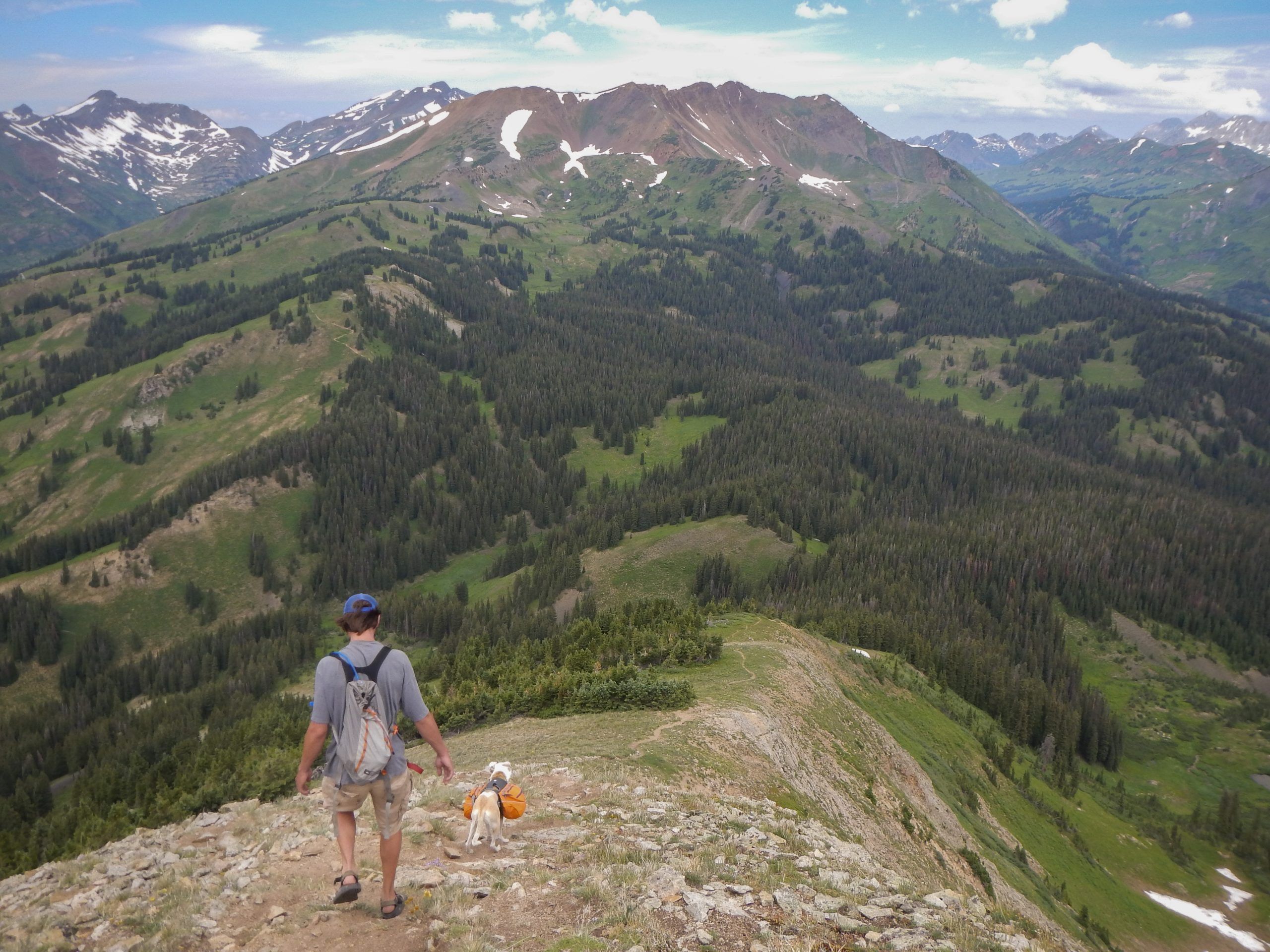A dog and their owner hike Gothic Mountain near Crested Butte, Colorado. The view features surrounding peaks and valleys.
