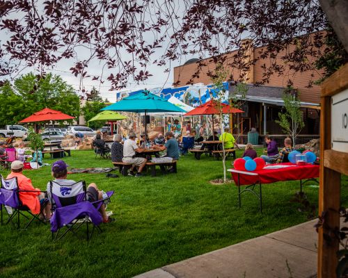 People sit around several picnic tables at a park. A person is singing under a tent on a small stage