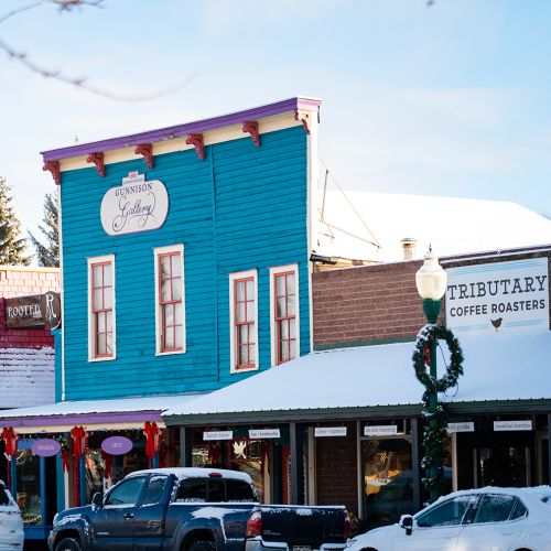 Shops in downtown Gunnison, Colorado in winter