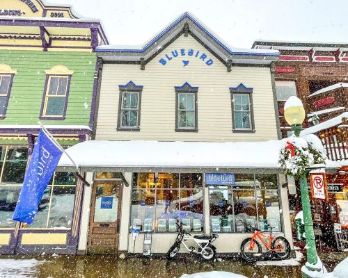 The building for bluebird real estate on elk avenue in crested butte. The roof of the building come to a point and below the point is the word "Bluebird" with a bird underneath. Three windows are above an awning covered in snow. The entrance door is to the left side of the building. Big windows are next to the door. Flyers line the windows. Two bikes rest on the sidewalk in front of the windows. It is snowing.
