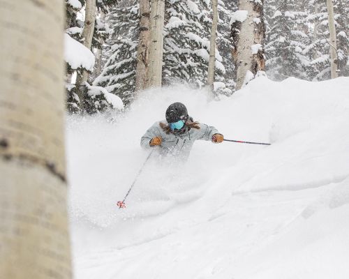 Skiing through aspen trees at Crested Butte.