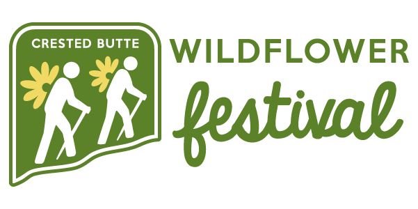 A person hiking on a dirt trail with the Crested Butte Wildflower Festival. Mountains stand in the distance.