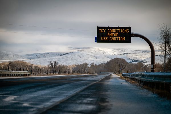 Road conditions sign on Highway 135 in Colorado