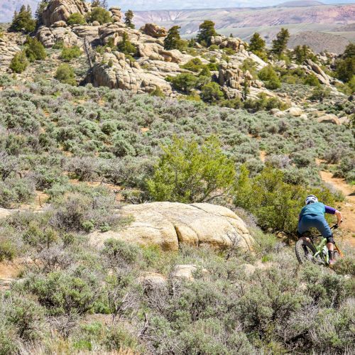A mountain biker riding in a rocky environment with sage brush