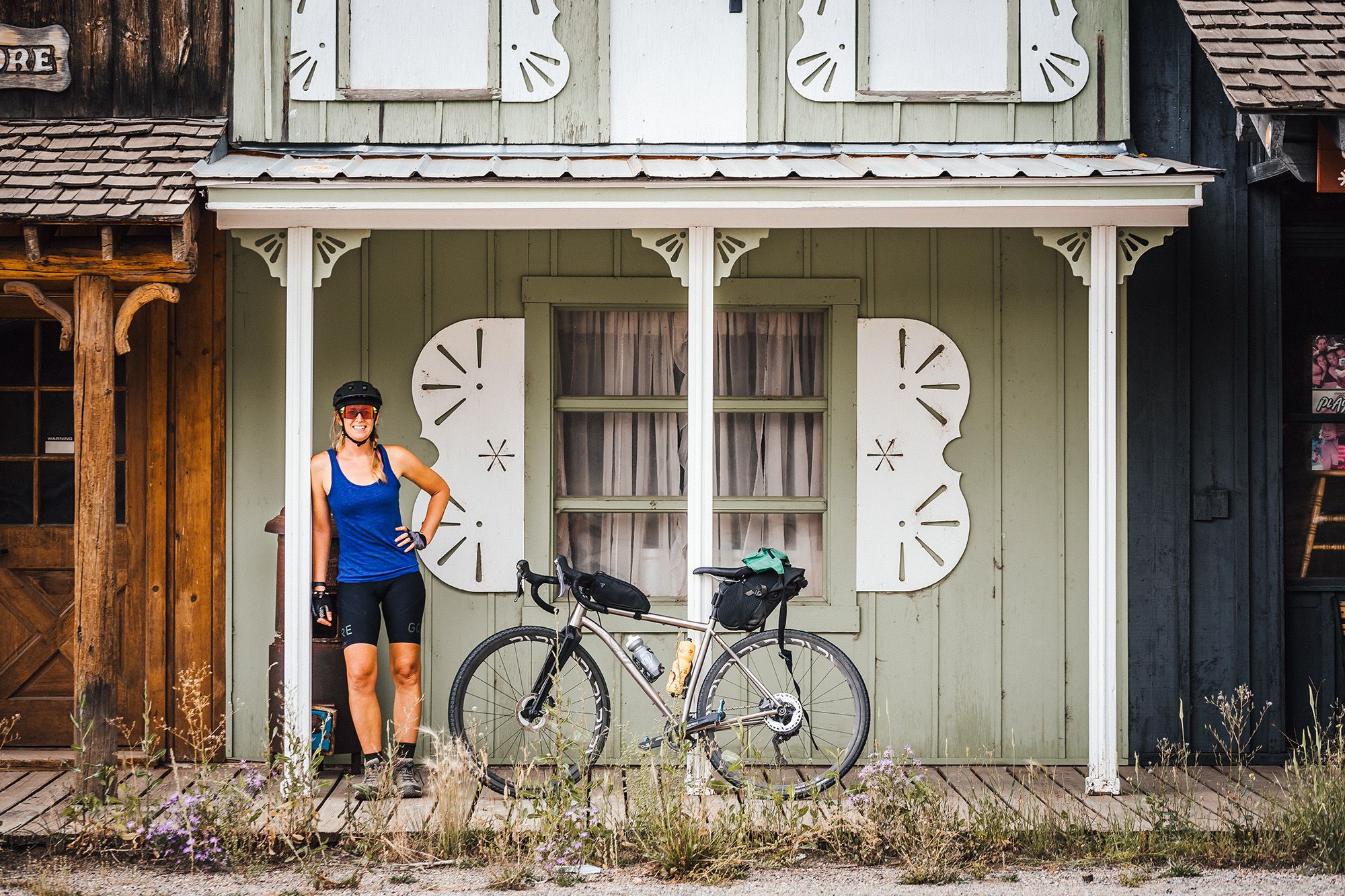 Gravel biking through abandoned mining towns buildings in Colorado