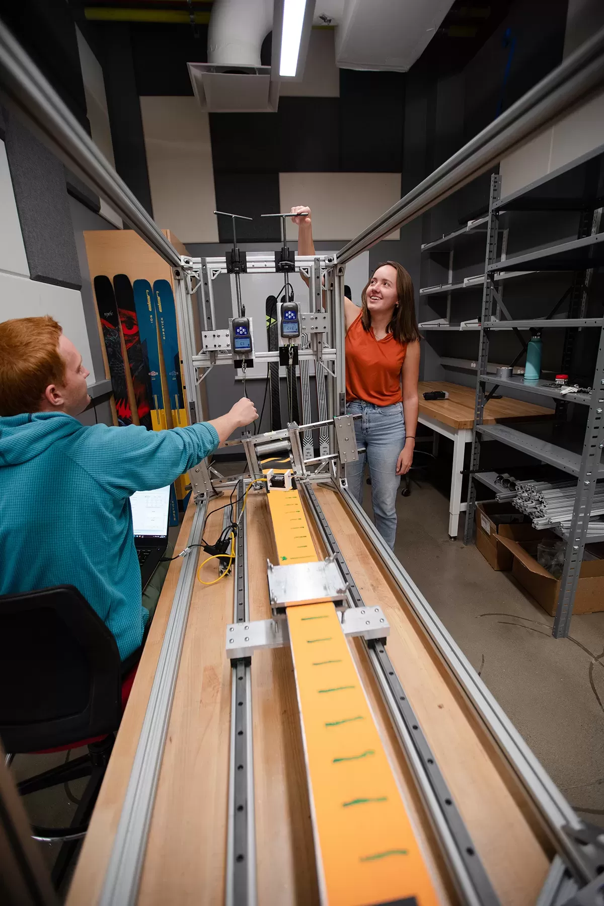 Students test a ski at the Rady School of Computer Science and Engineering.