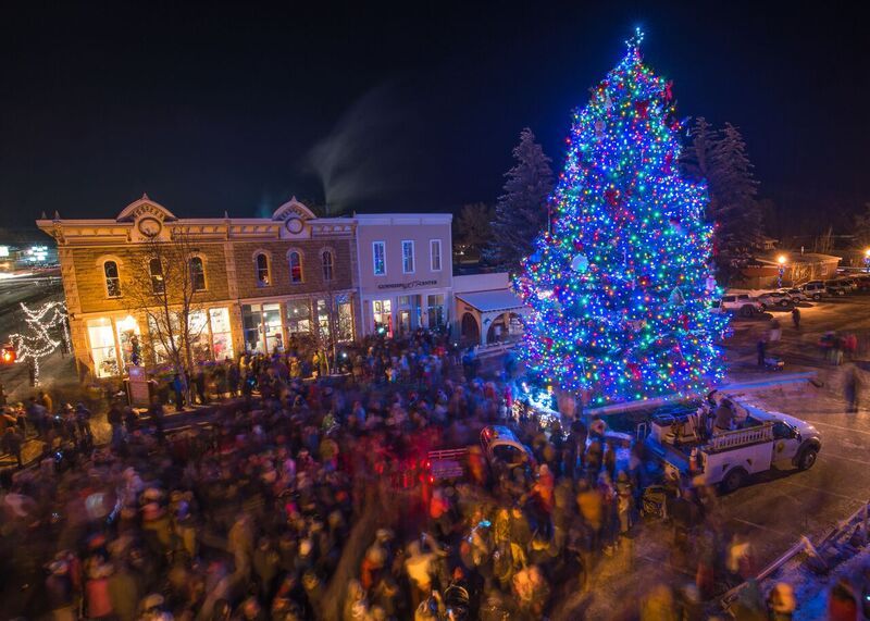 Downtown Gunnison, Colorado at Night of Lights, the annual tree lighting.