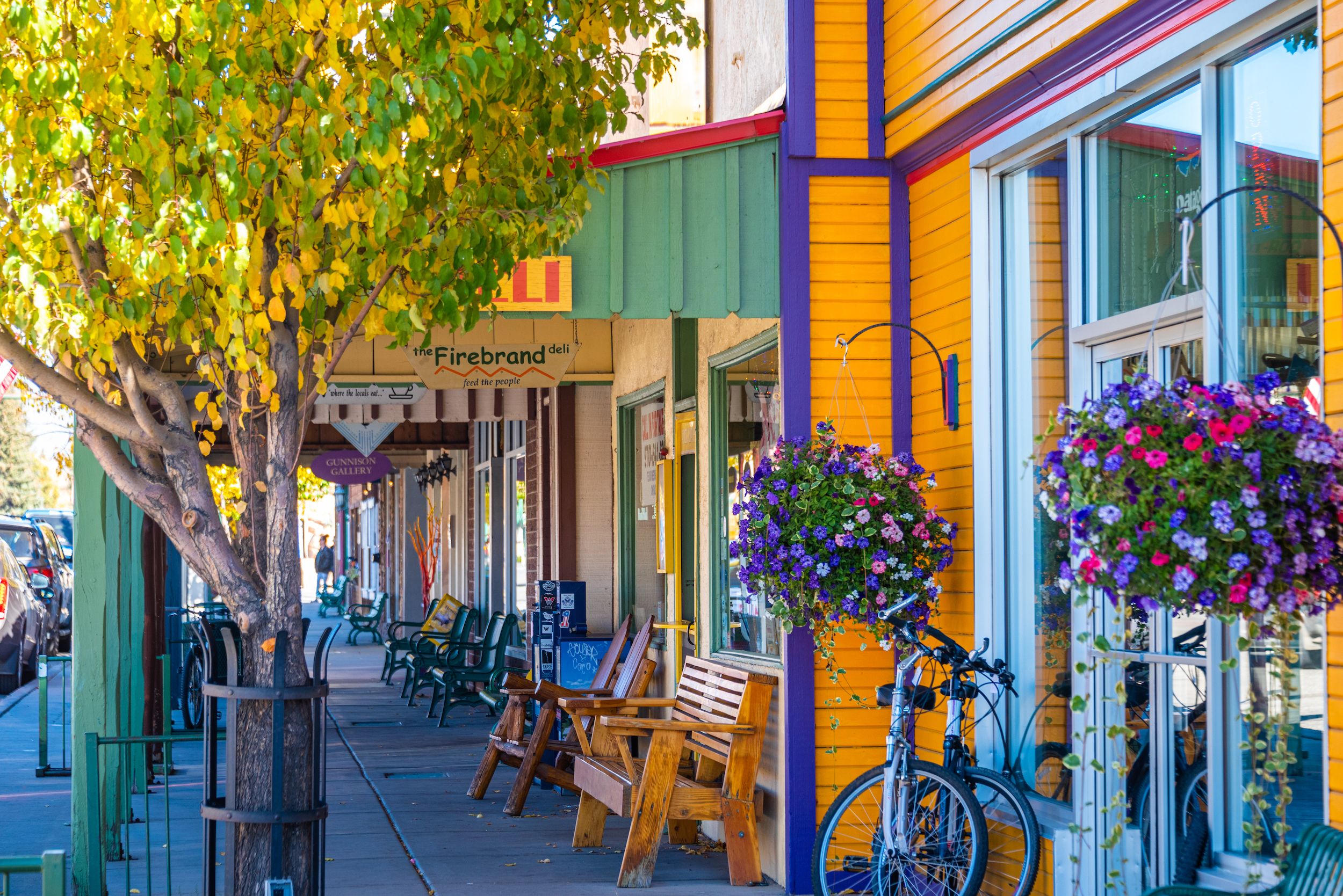 An angled view of a downtown street lined with flower baskets, trees and benches.