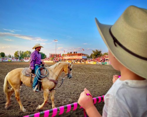 A child leans on a railing watching a man ride a horse