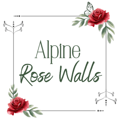 alpine rose walls. The wall is covered in fake grass with shelves holding glasses