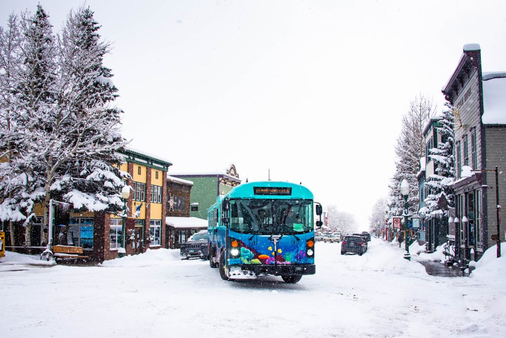 A snowy day on Elk Avenue in Crested Butte, Colorado.