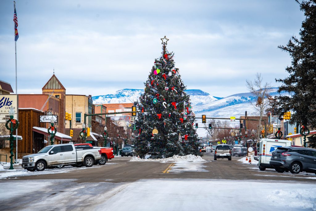 The Christmas tree in downtown Gunnison, Colorado in winter.