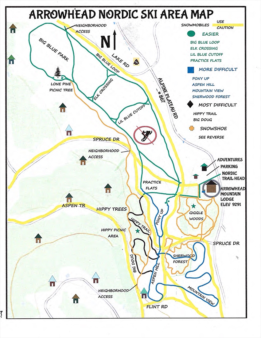 This Arrowhead Nordic skiing trail map shows cross-country ski trails, snowshoe trails and trail ratings.