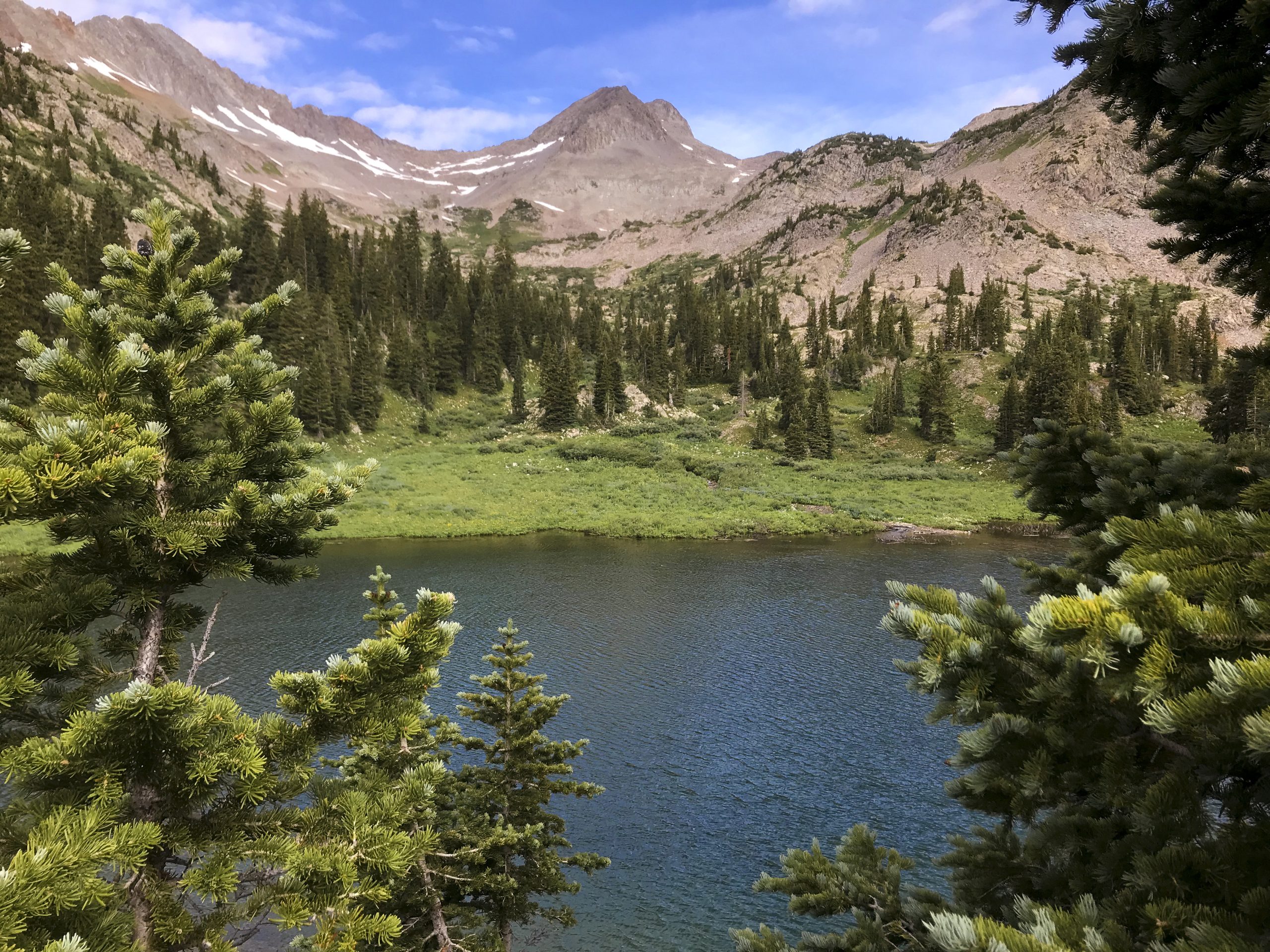 A lake surrounded by trees with a mountain peak behind it