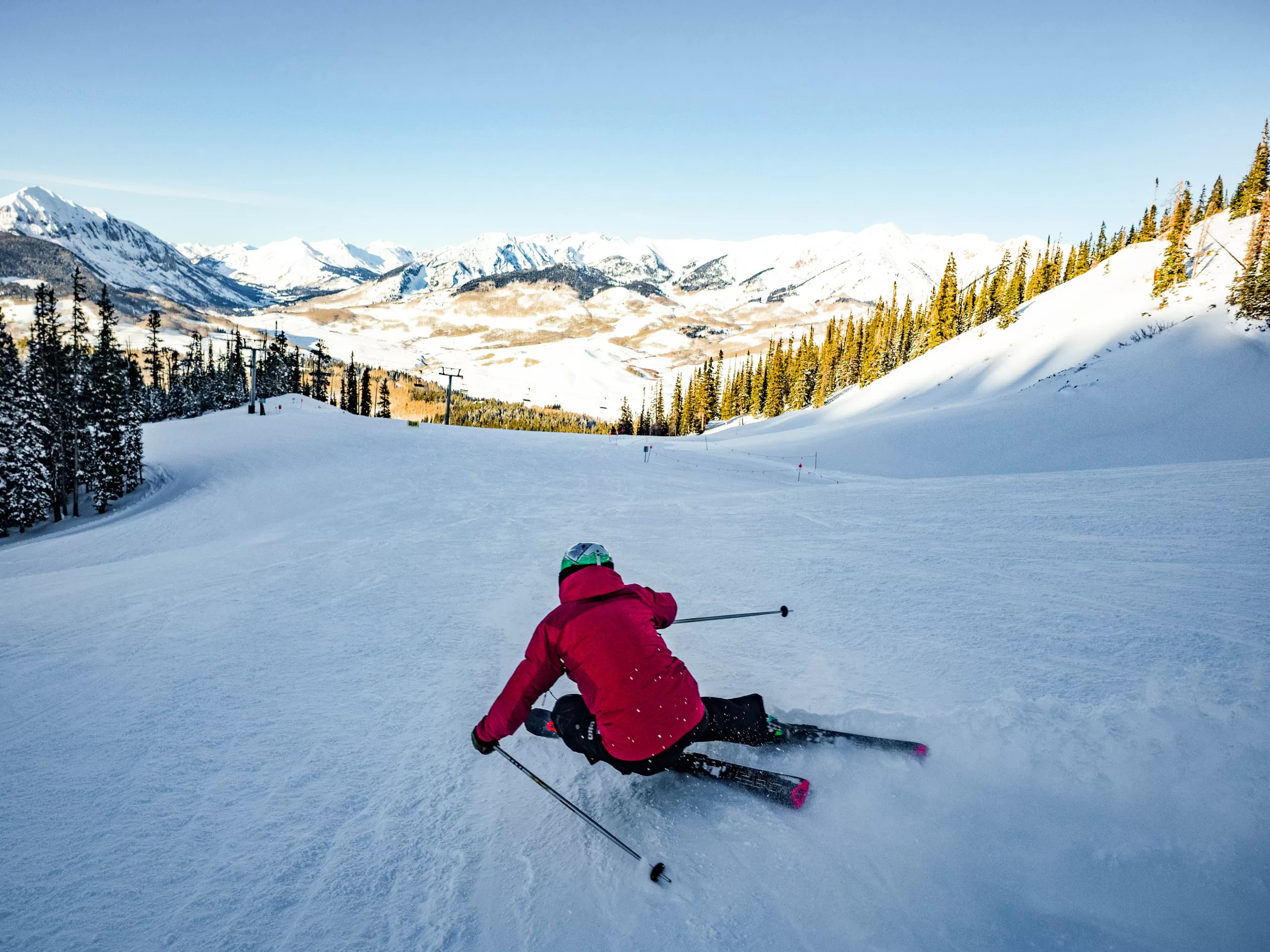 The back of a skier as they head down a ski run with trees and mountain peaks in the background