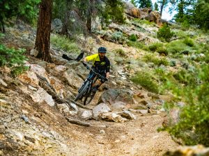 A mountain biker on a rocky downhill