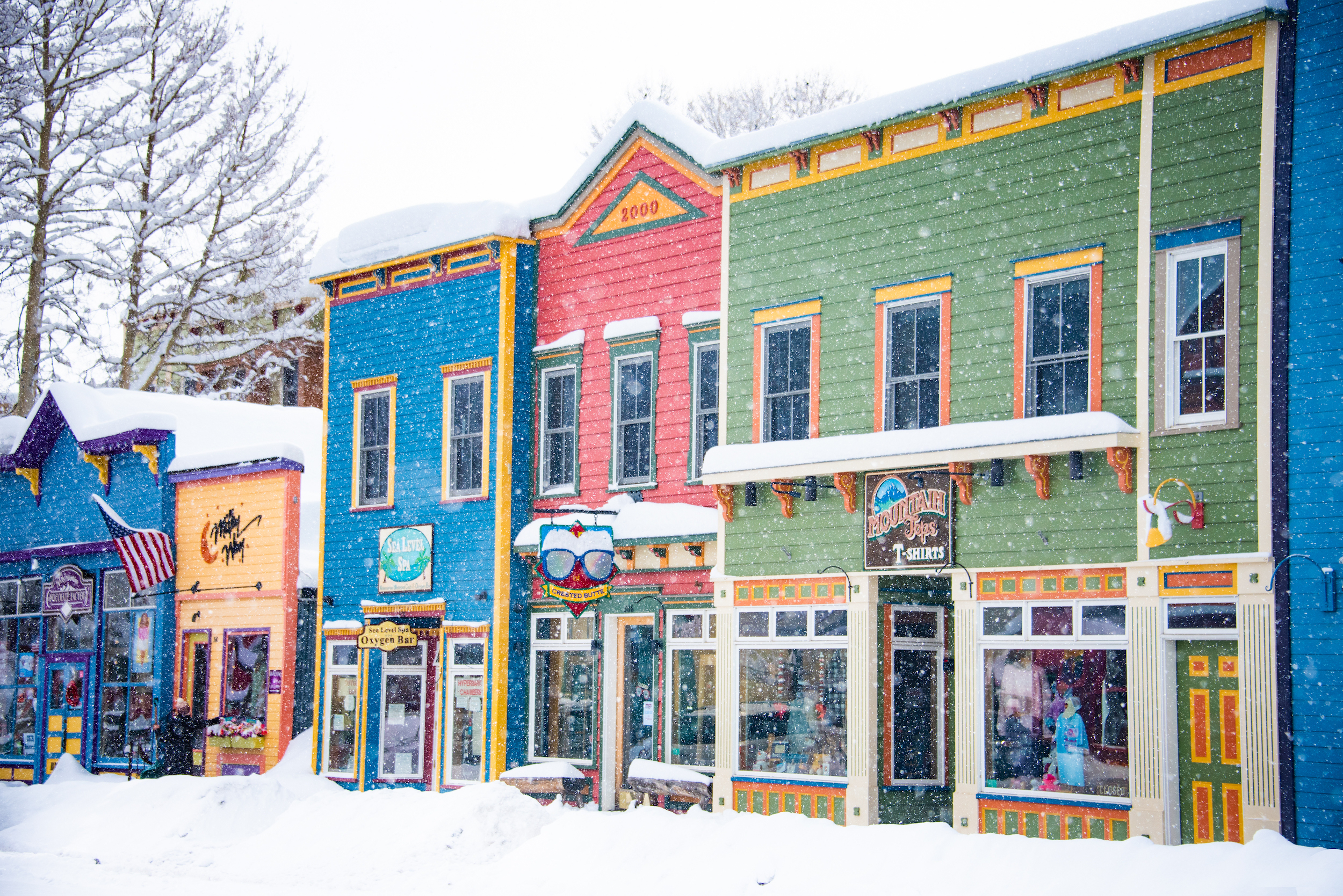 A line of colorful houses lining downtown Crested Butte