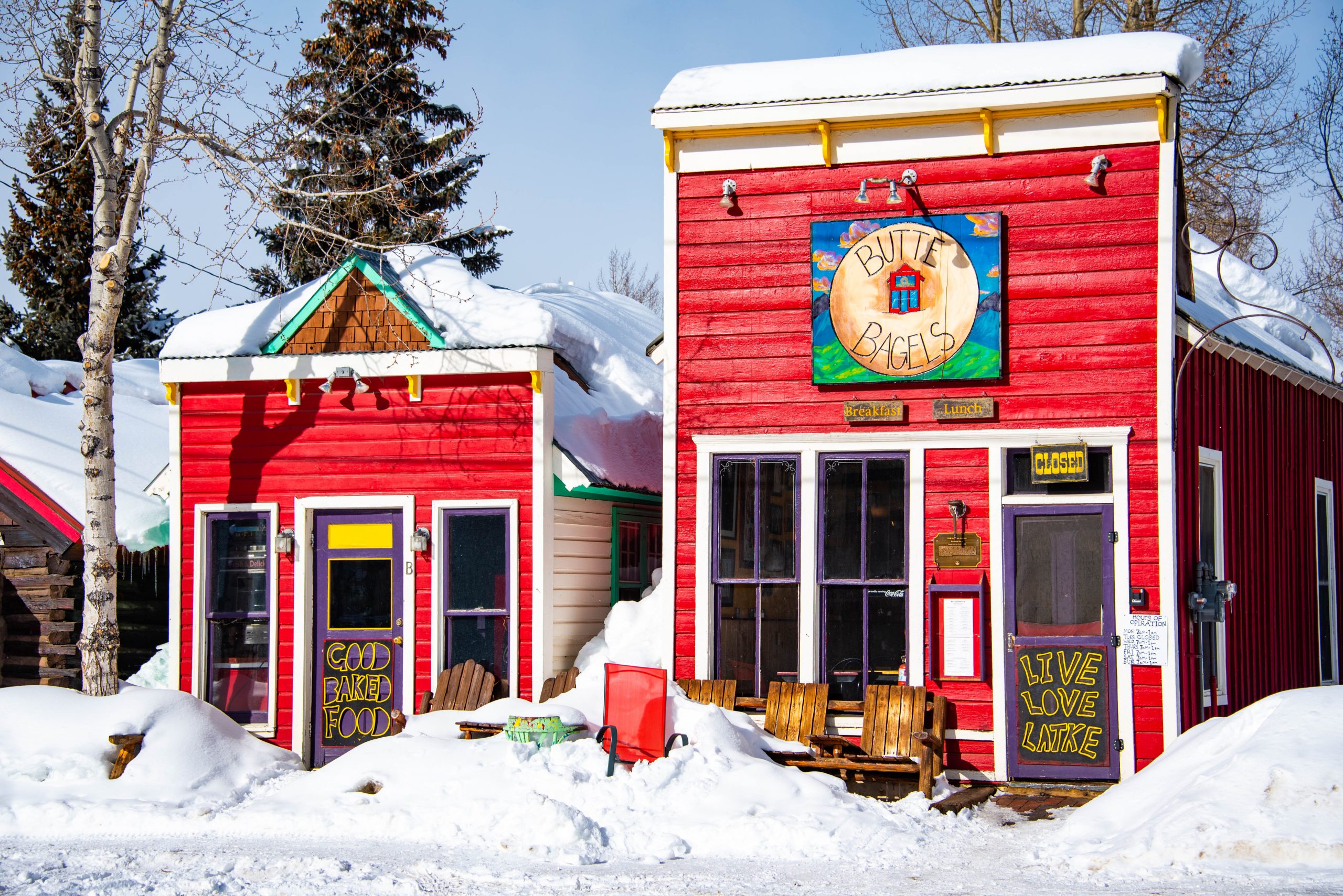 Restaurants in downtown Crested Butte with snow.