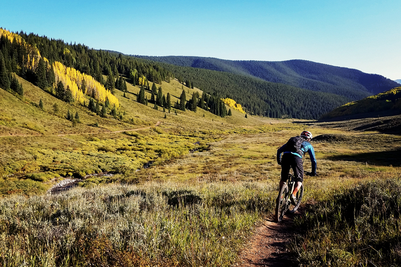 Crested Butte fall bikingpPhoto of a mountain biker descending a flowy singletrack trail into a valley with conifers and yellow-leaved aspen trees.