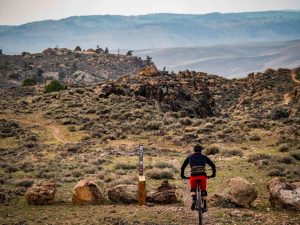 A mountain biker rides a trail at Hartman Rocks near Gunnison, Colorado.
