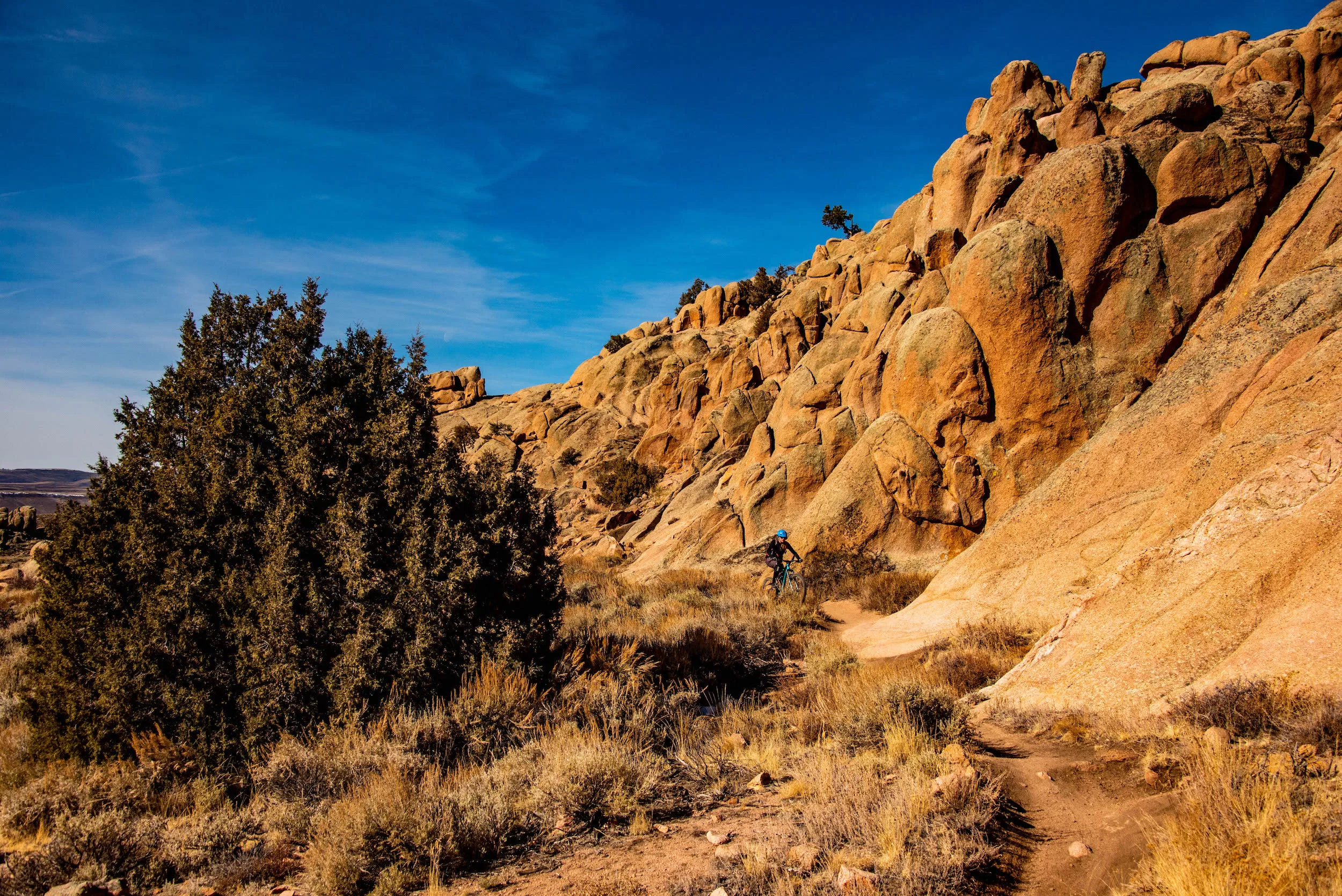 Sandstone colored rocks with a trail up against it. Trees and grass on the left