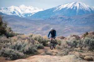 Mountain biking through sagebrush at Hartman Rocks.