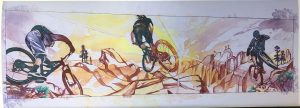 Painting of mountain bikers over red rocks