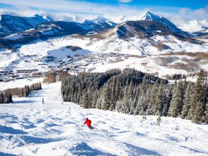 Skiing the moguls in Crested Butte, Colorado.