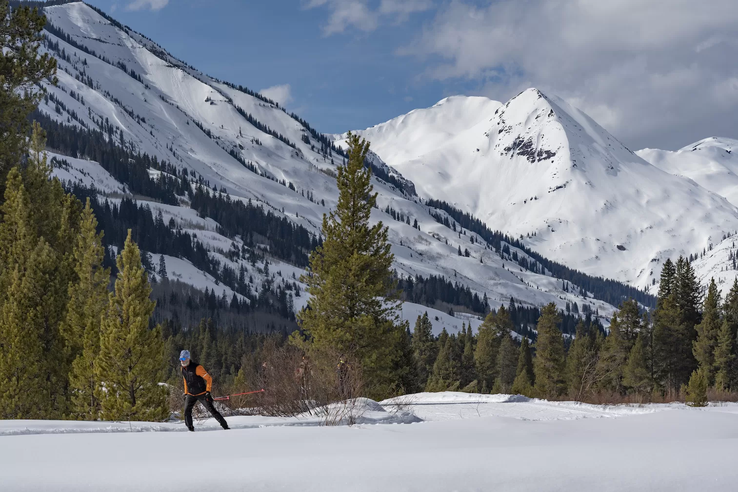 a cross-country skier on a groomed track. There are trees and snowy mountain peaks in the background